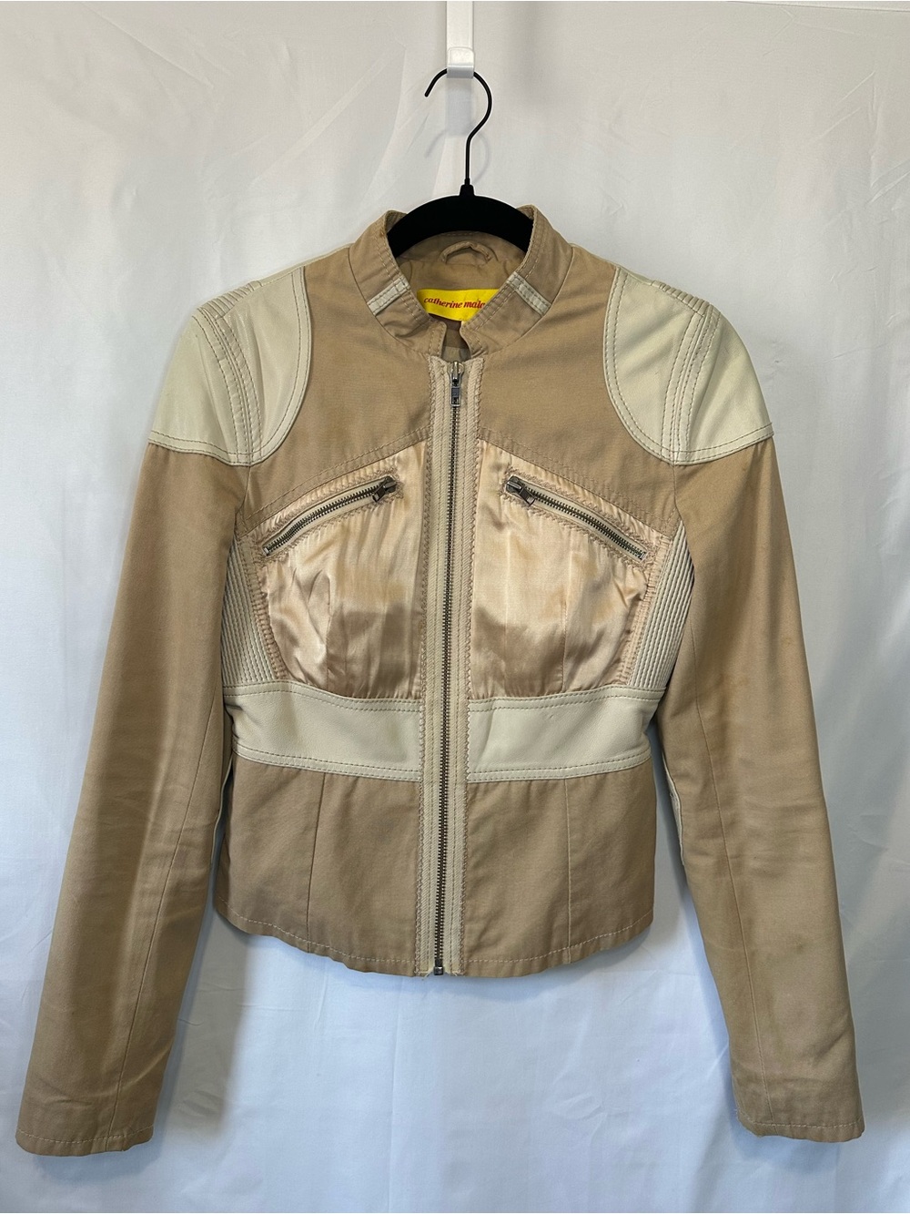 Catherine Malandrino Genuine Leather Trim Moto Jacket Tan Cream Sz S Small